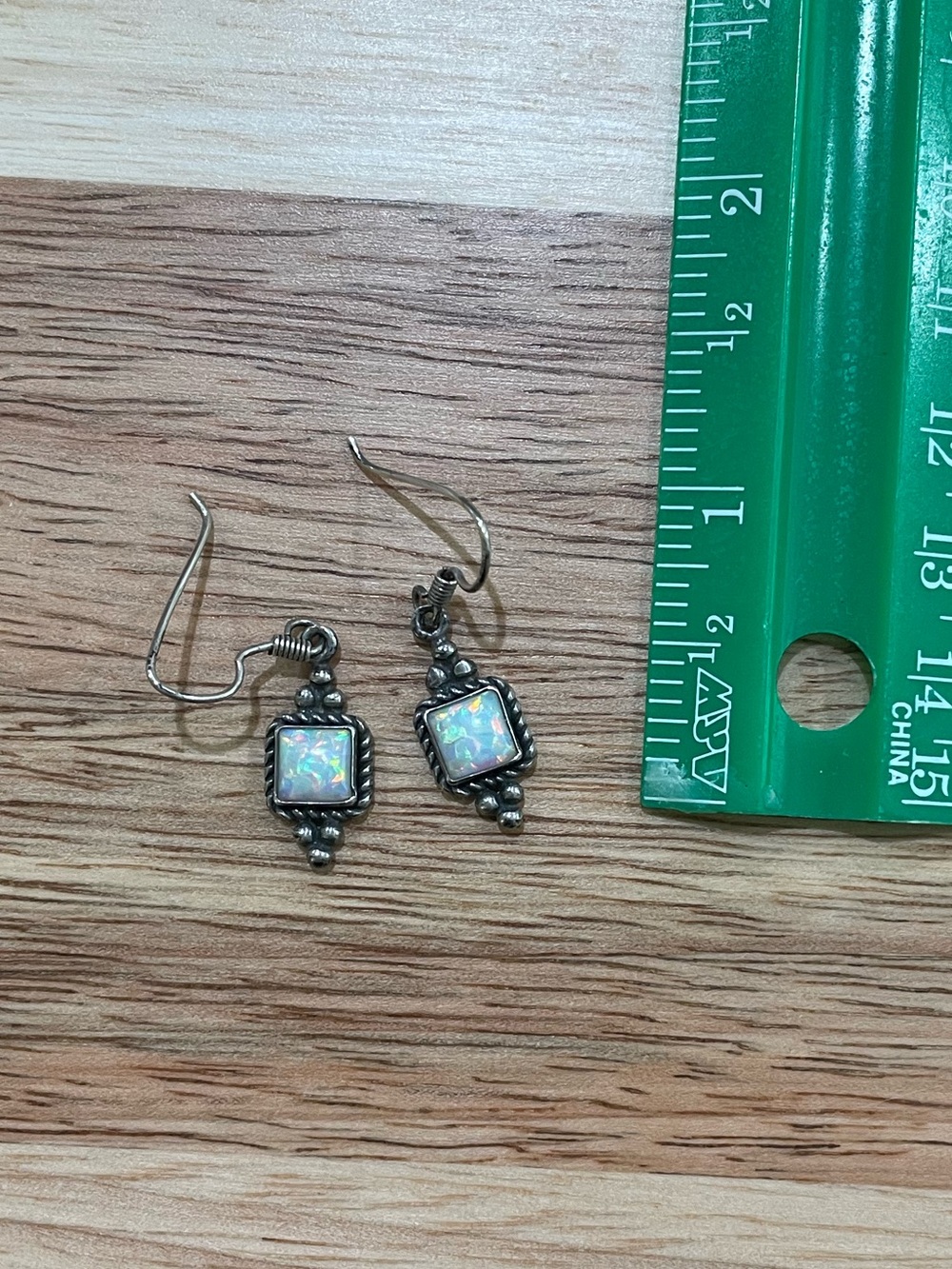 Sterling Silver Opal Square Drop Dangly Earrings in Iridescent White